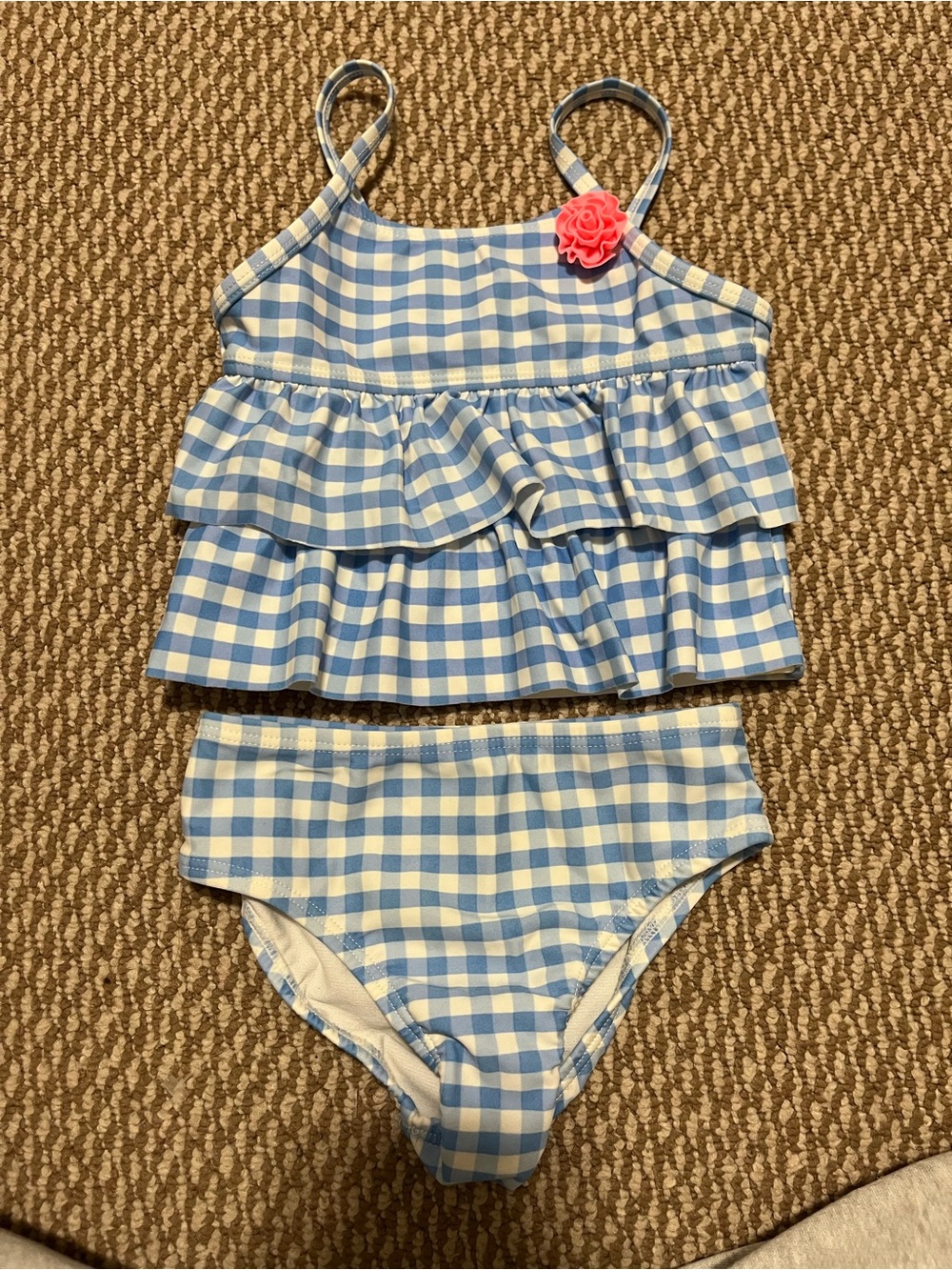 Girls 2T George Kids Blue and White Gingham Ruffle Bikini with Pink Flower